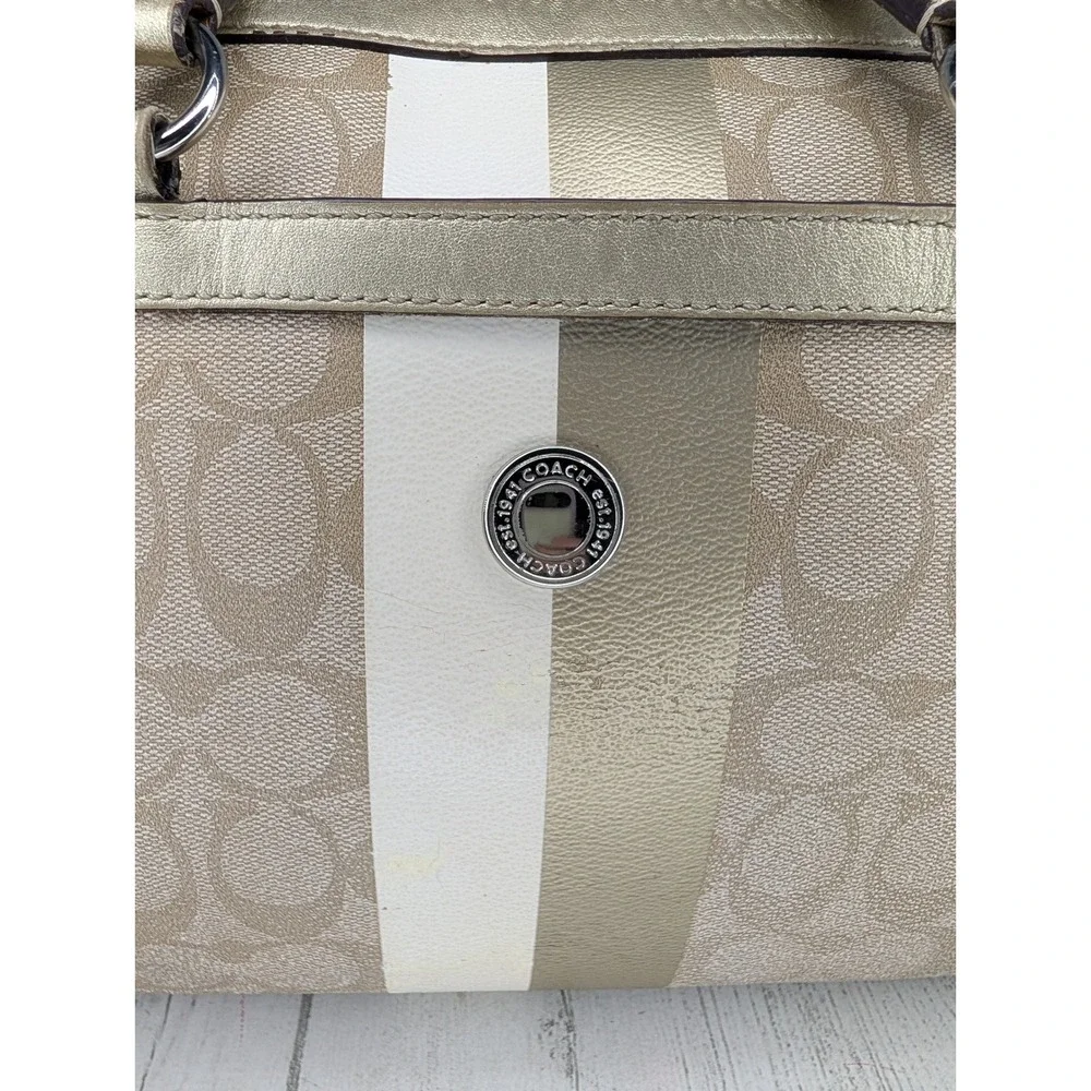 Coach Heritage Stripe Satchel Khaki Gold Signature Canvas Bag F14478